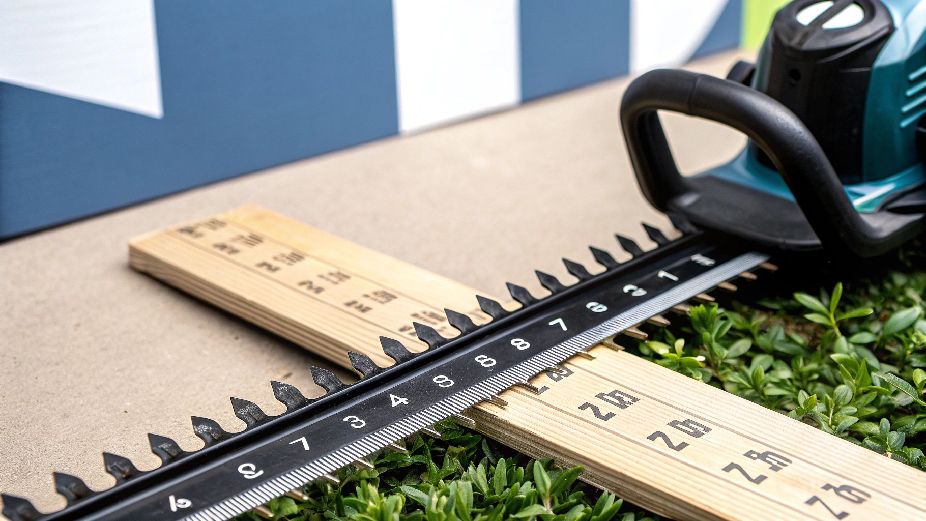 גוזם גדר חיה טורקיז עם להב מדוד, מונח על שיחים ירוקים ולוחות עץ עם סימוני מדידה.