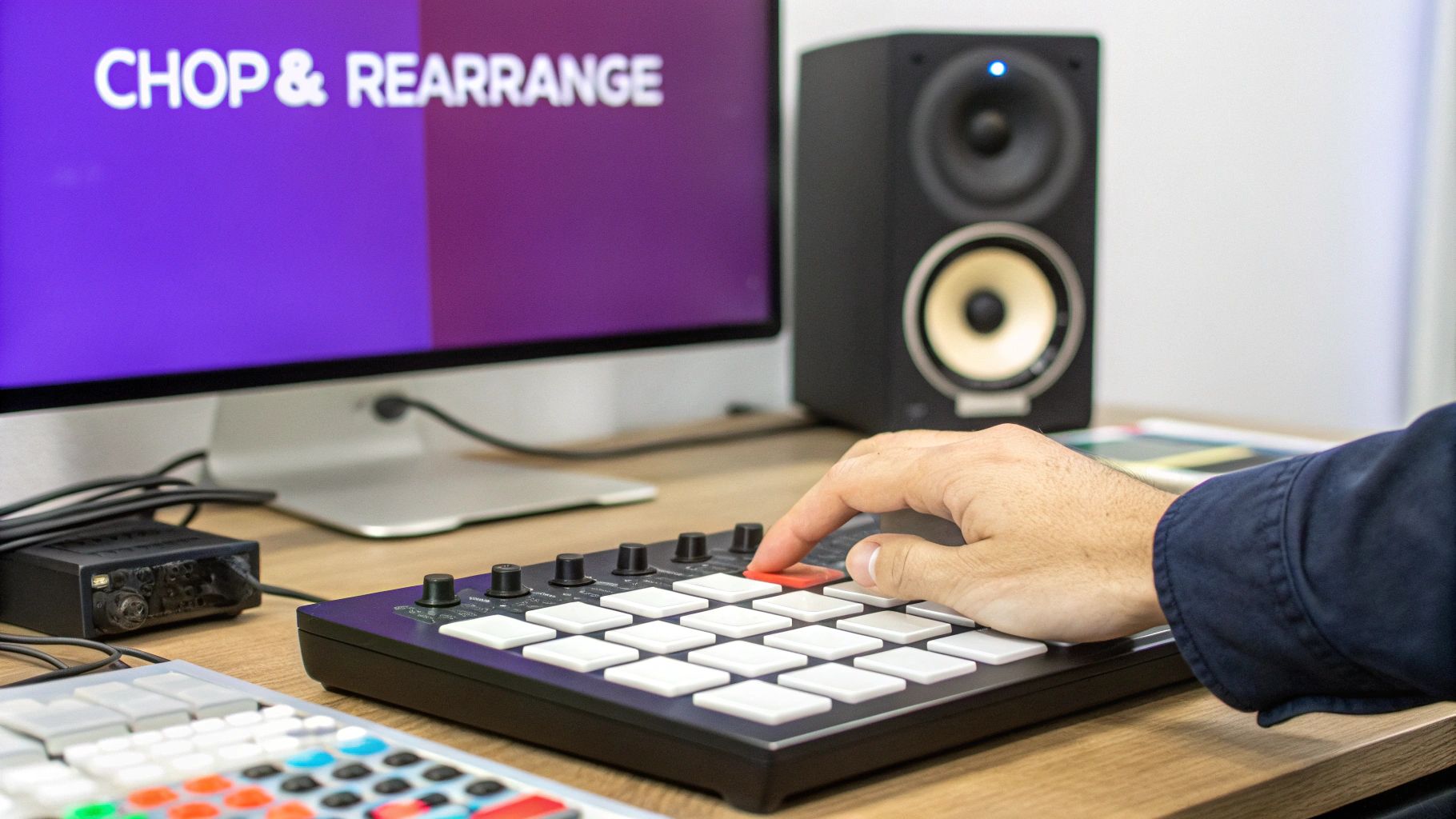 Person's hand interacts with a music production controller, digital screen displays "CHOP & REARRANGE".