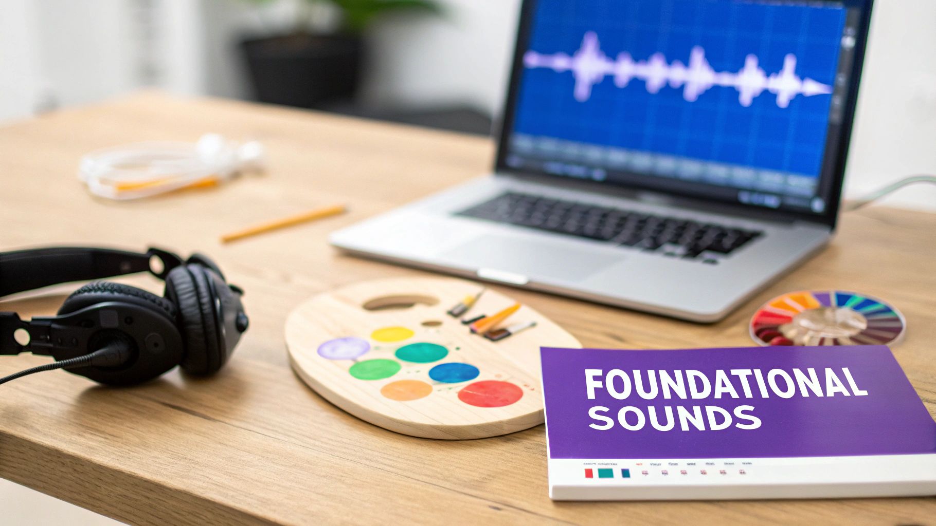 A desk with headphones, a laptop showing a waveform, a paint palette, and a 'FOUNDATIONAL SOUNDS' book.