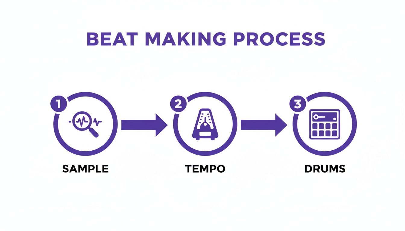 Infographic showing the three steps of beat making process: sample, tempo, and drums.