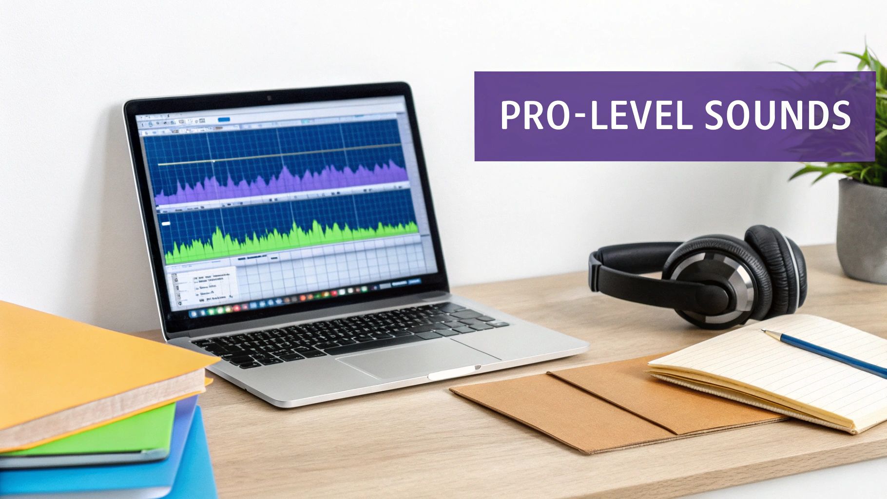 A laptop displays sound waveforms and editing software on a desk with headphones, notebooks, and a 'PRO-LEVEL SOUNDS' banner.