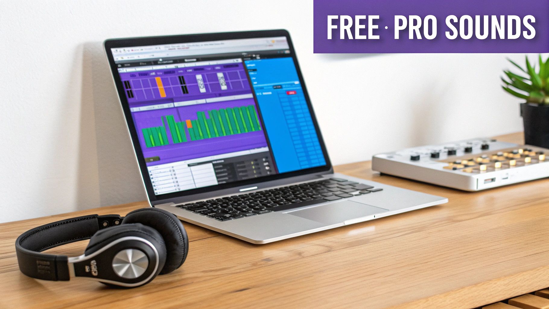 Laptop displaying music production software, headphones, and a MIDI controller on a wooden desk with 'FREE PRO SOUNDS' overlay.