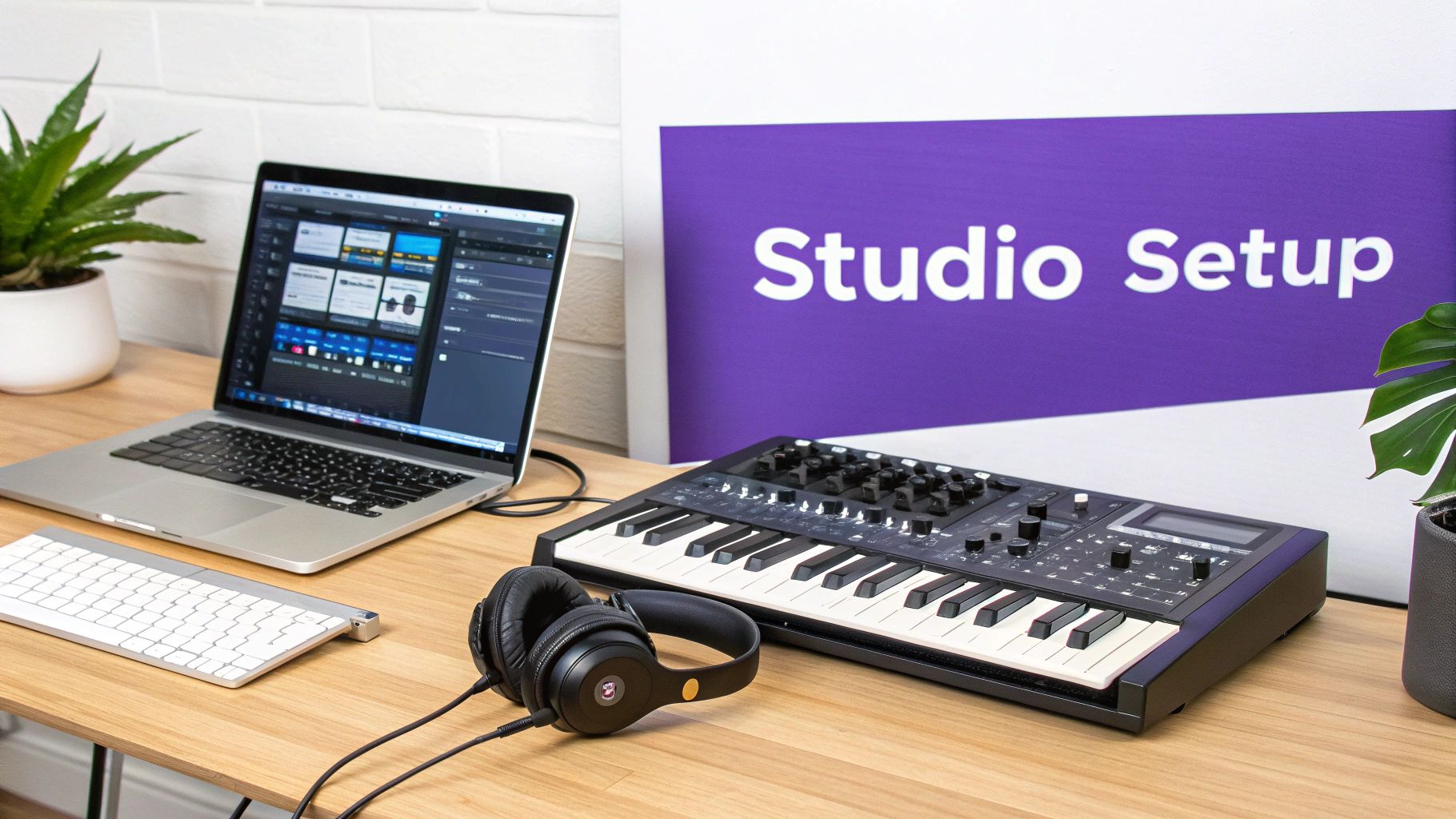 A complete music production studio setup with a laptop, synthesizer, headphones, and a 'Studio Setup' sign.