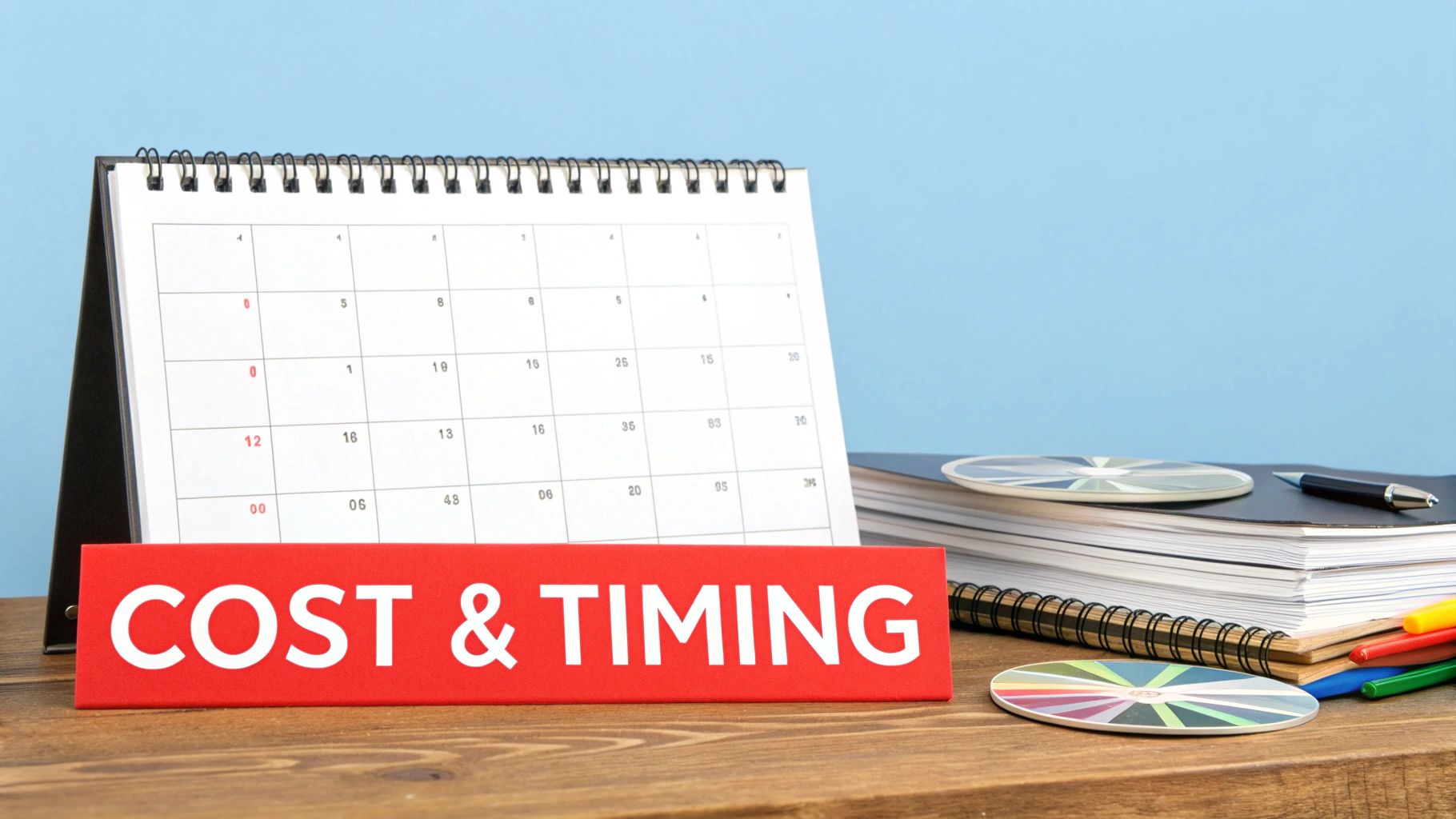 A desk calendar and a red sign saying 'COST & TIMING' with office supplies on a wooden desk.