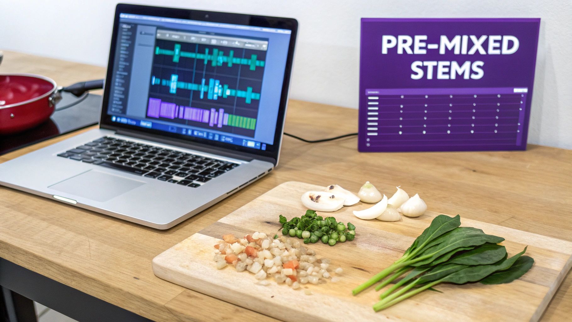 A laptop displaying music production software with a 'PRE-MIXED STEMS' sign and fresh cooking ingredients.