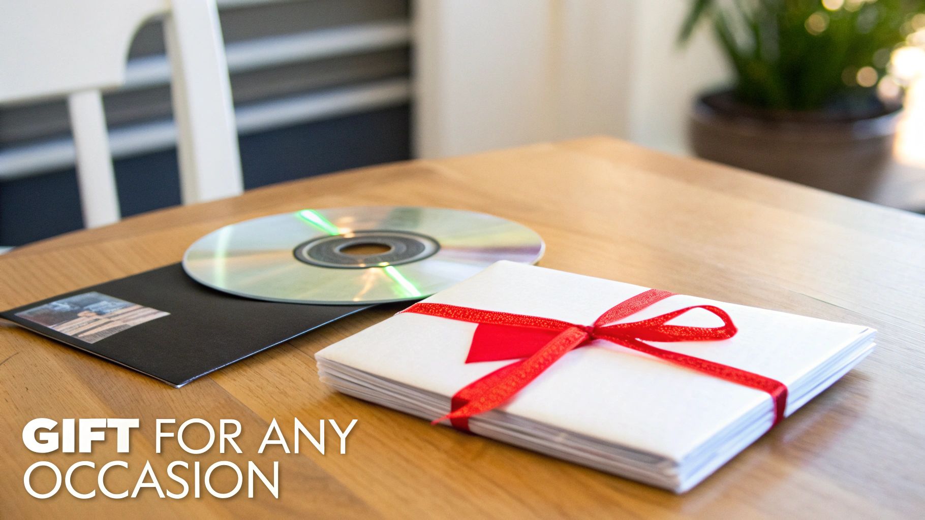 A person gifting a personalized mix CD, wrapped beautifully with a ribbon.