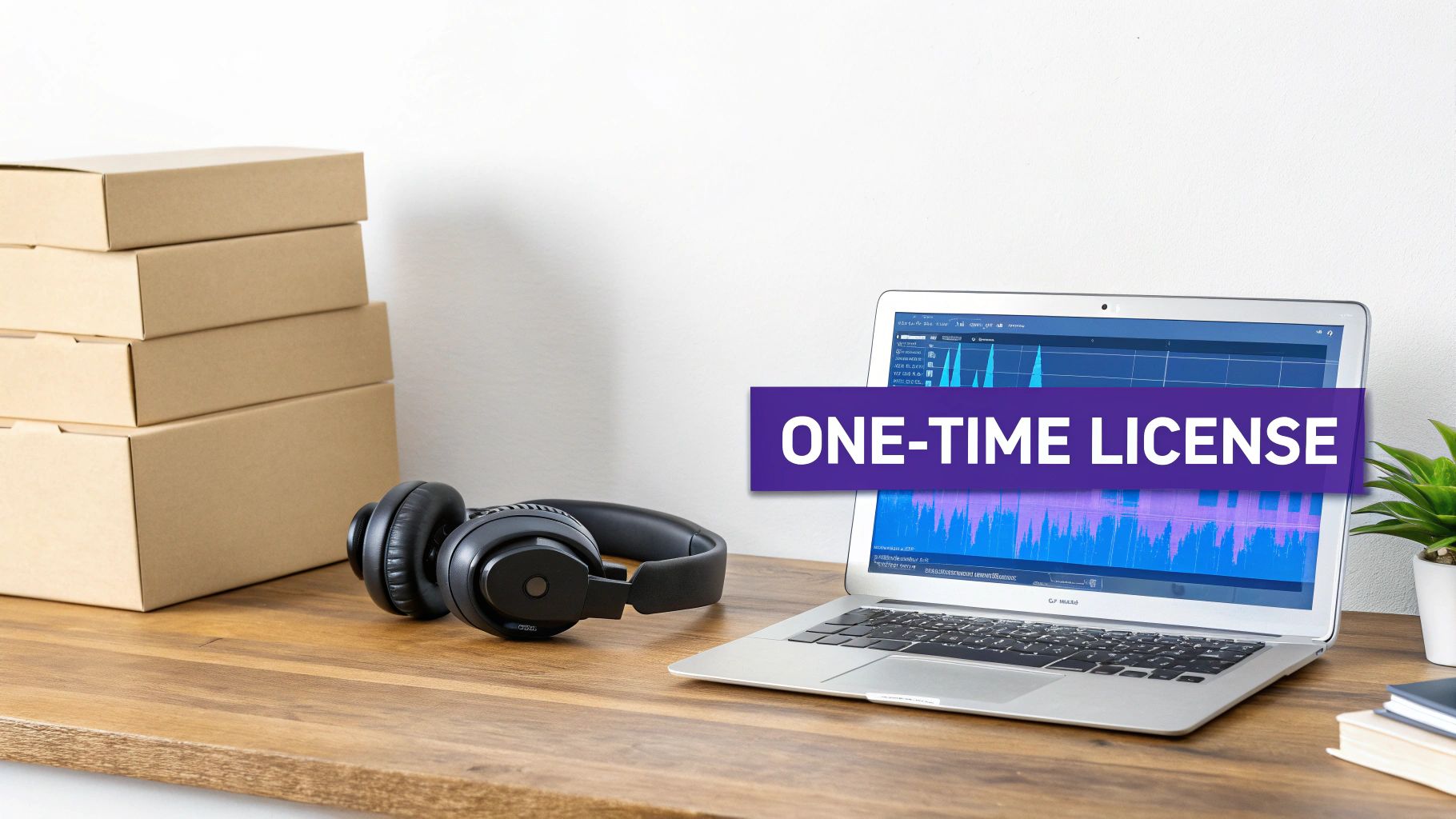 A laptop displaying an audio waveform with a 'ONE-TIME LICENSE' banner, headphones, and cardboard boxes on a desk.