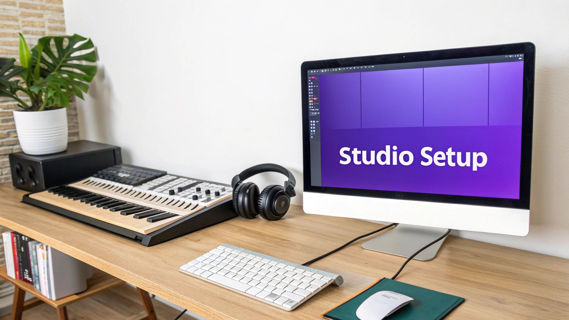 A home music studio setup with a computer, MIDI keyboard, headphones, and plant on a wooden desk.