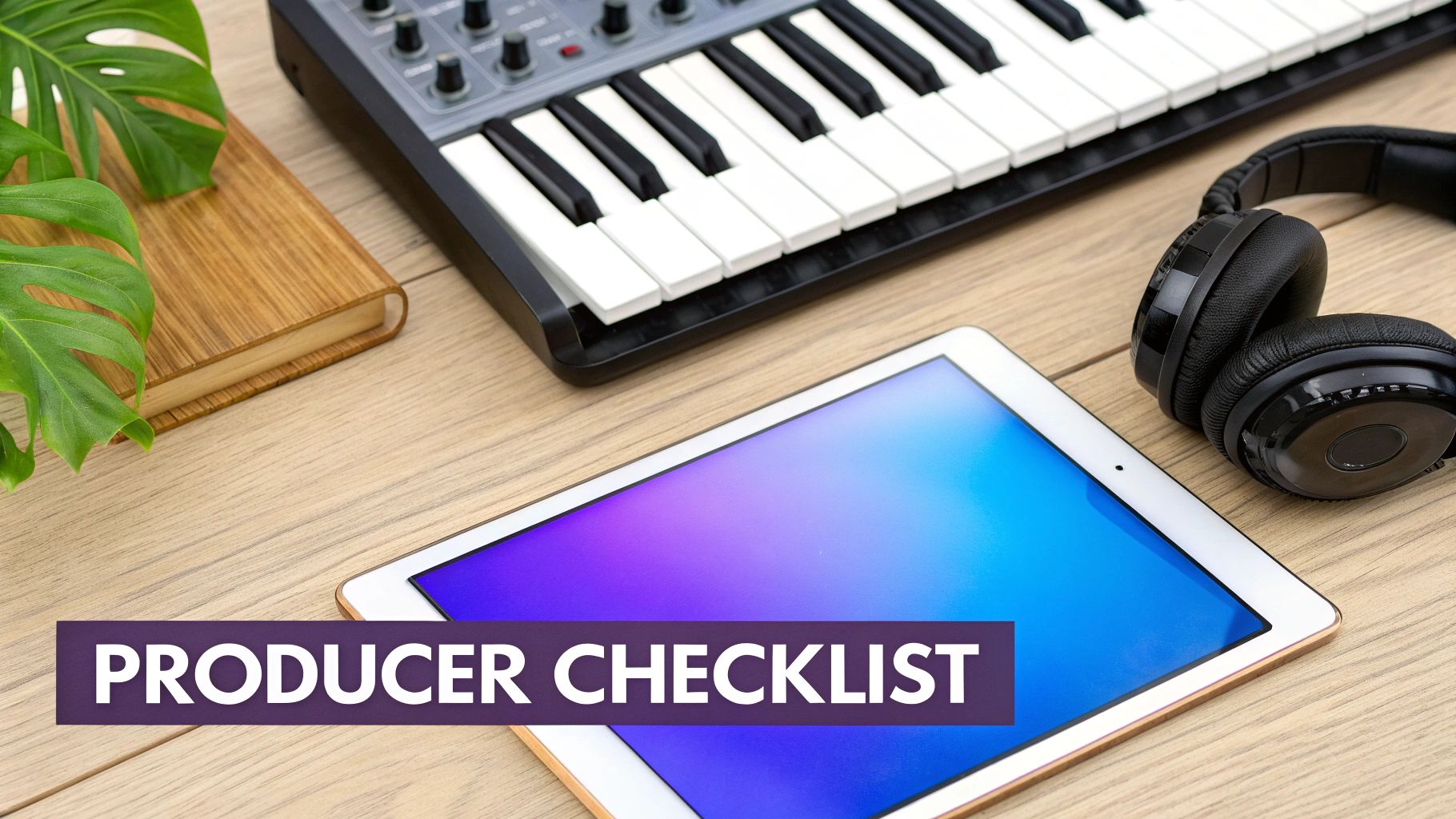 Flat lay of a music producer's desk with a MIDI keyboard, headphones, tablet, and 'PRODUCER CHECKLIST' text.
