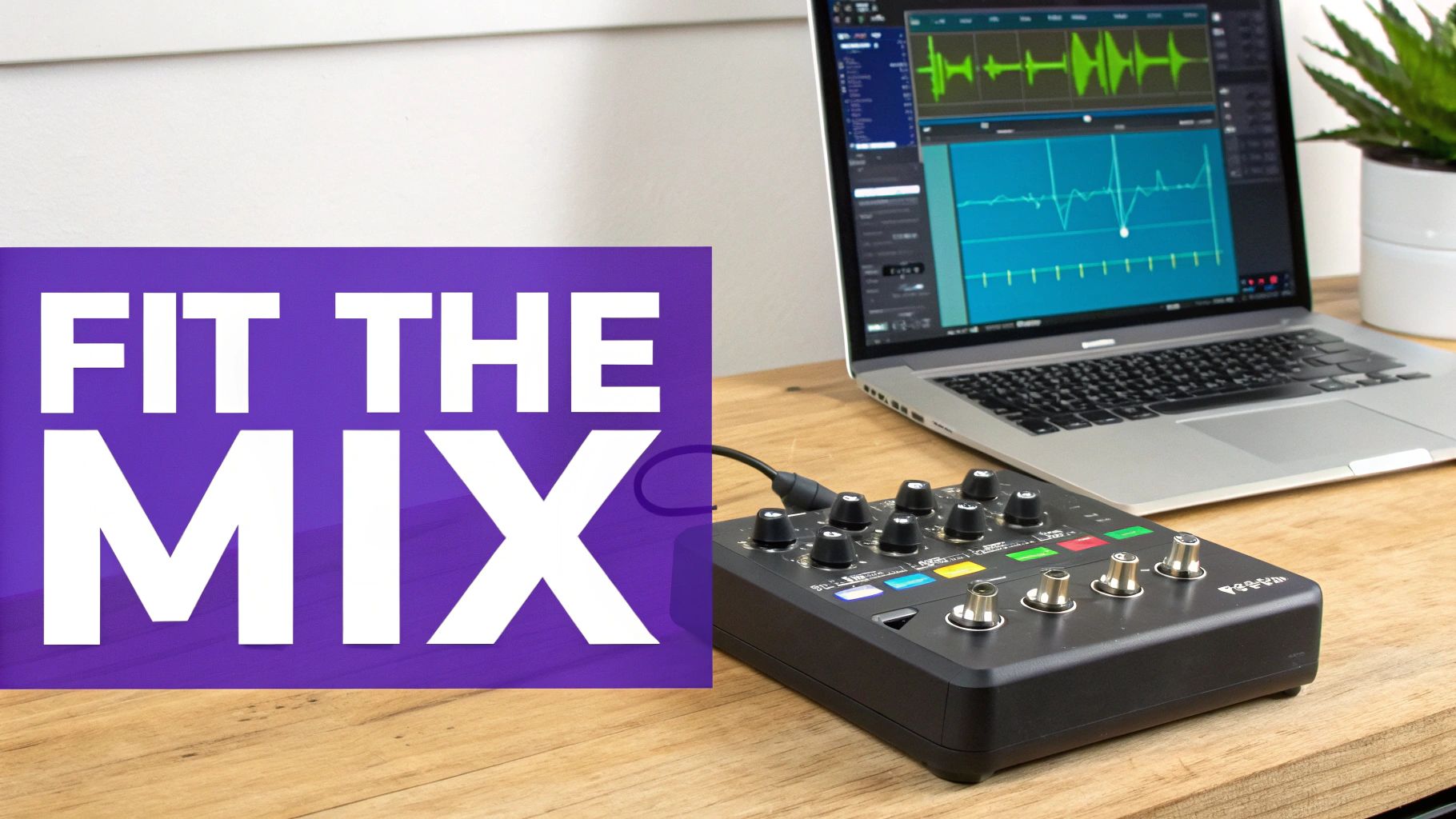 A music mixer connected to a laptop displaying audio waveforms, with a 'FIT THE MIX' banner.
