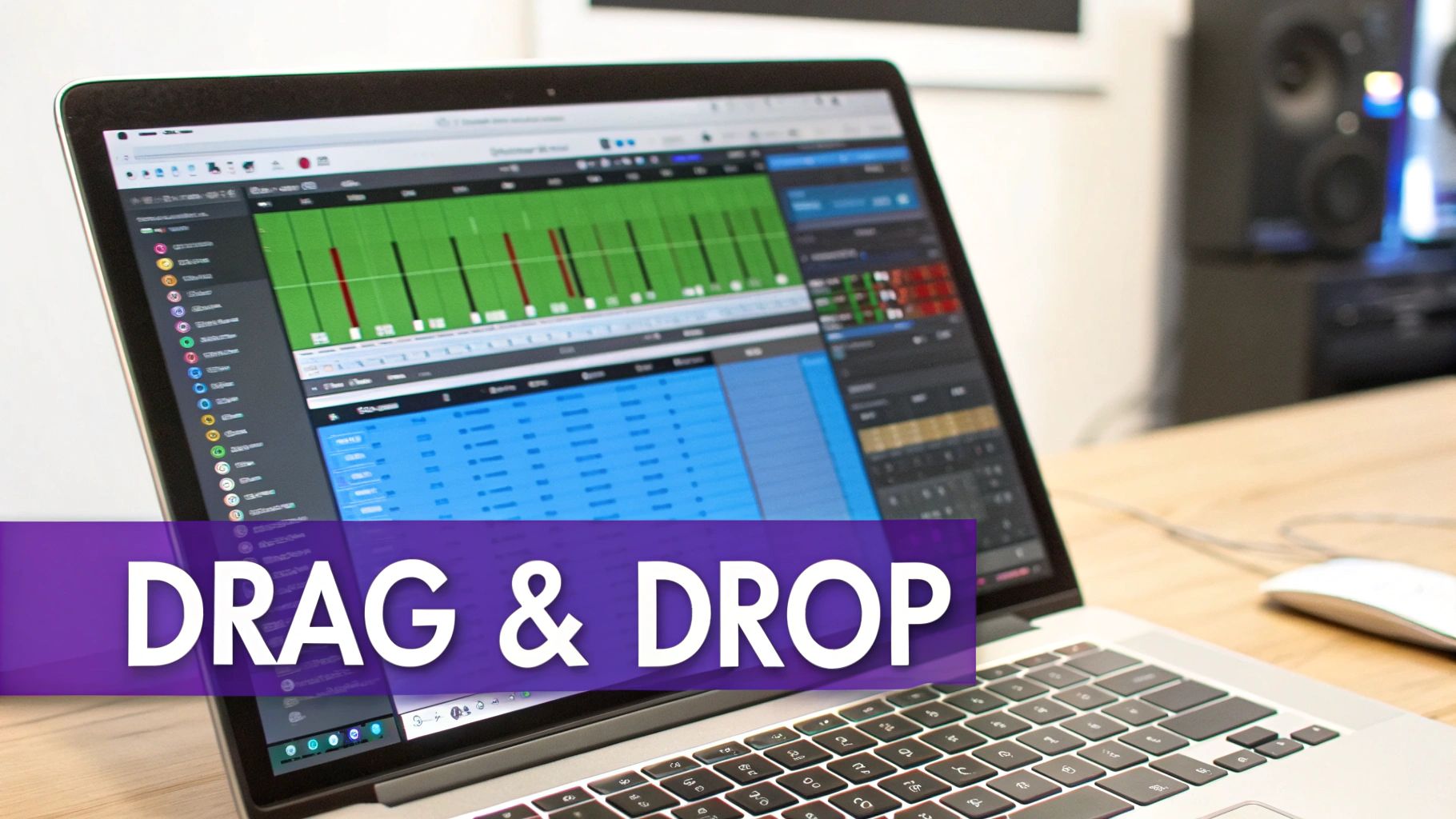 A close-up of a laptop displaying music production software with a sound waveform and interface, featuring a 'DRAG & DROP' overlay.