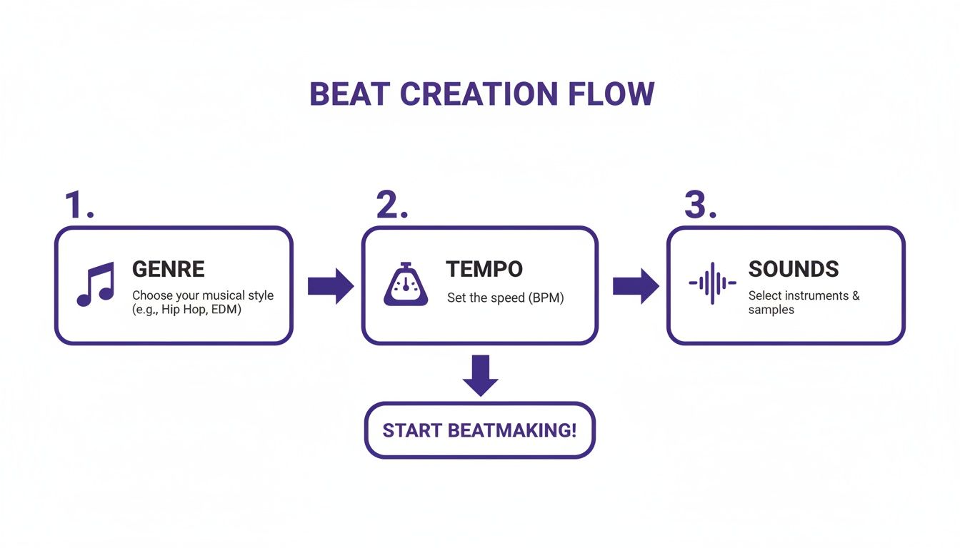 Flowchart detailing the beat creation process, including genre, tempo, and sound selection steps.