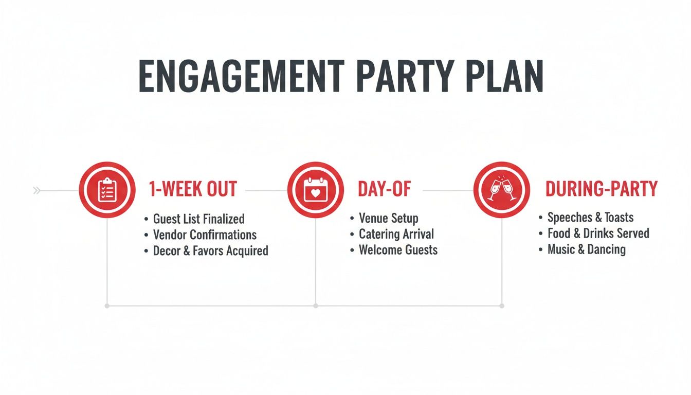 An infographic detailing an engagement party plan, including tasks for 1-week out, day-of, and during the party.