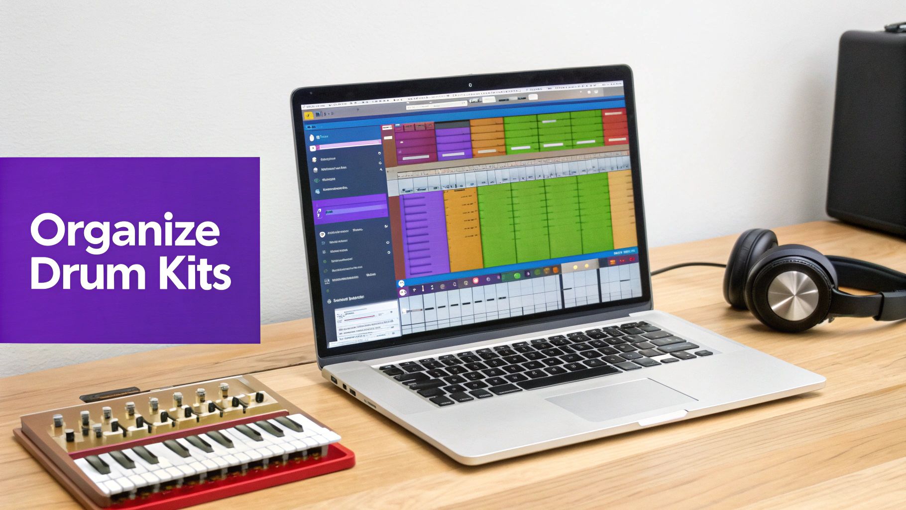 A laptop displaying music production software, with headphones and a mini synthesizer on a wooden table.