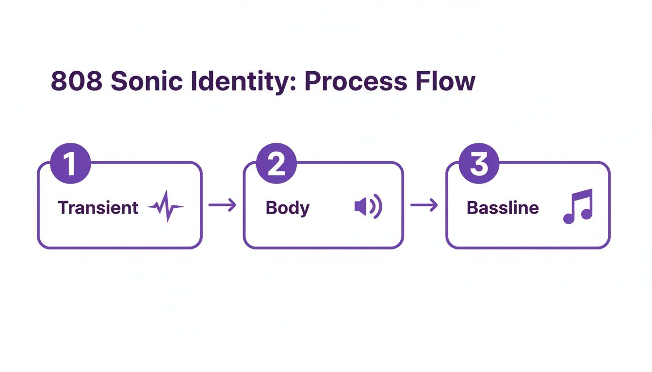A three-step process flow for 808 sonic identity, showing Transient, Body, and Bassline.