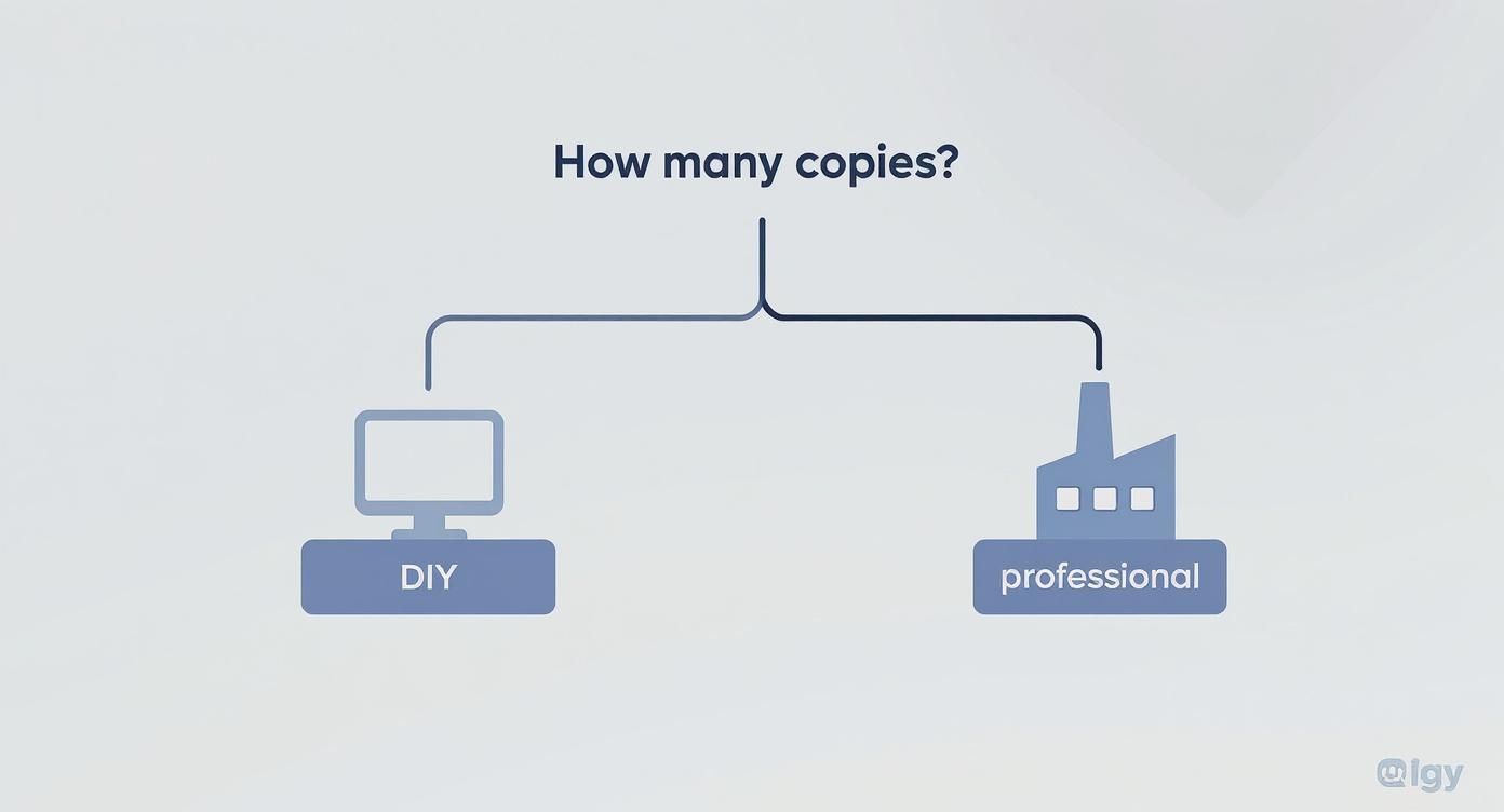 A diagram asking 'How many copies?' with two options: DIY (computer) and professional (factory).