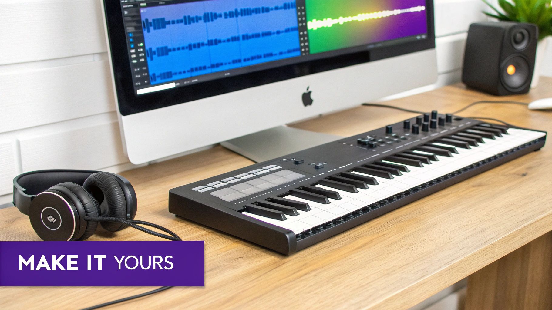 A home music studio setup with a MIDI keyboard, Apple iMac, headphones, and a speaker on a wooden desk.