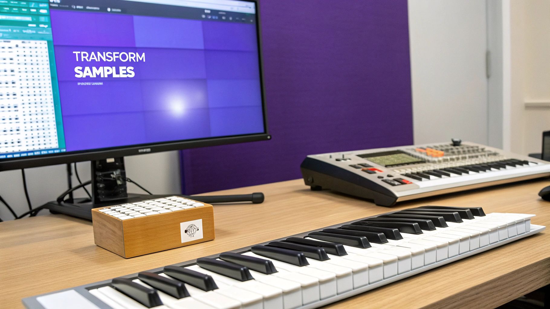 Music studio setup with a computer screen showing 'Transform Samples', MIDI keyboard, and drum machine on a wooden desk.