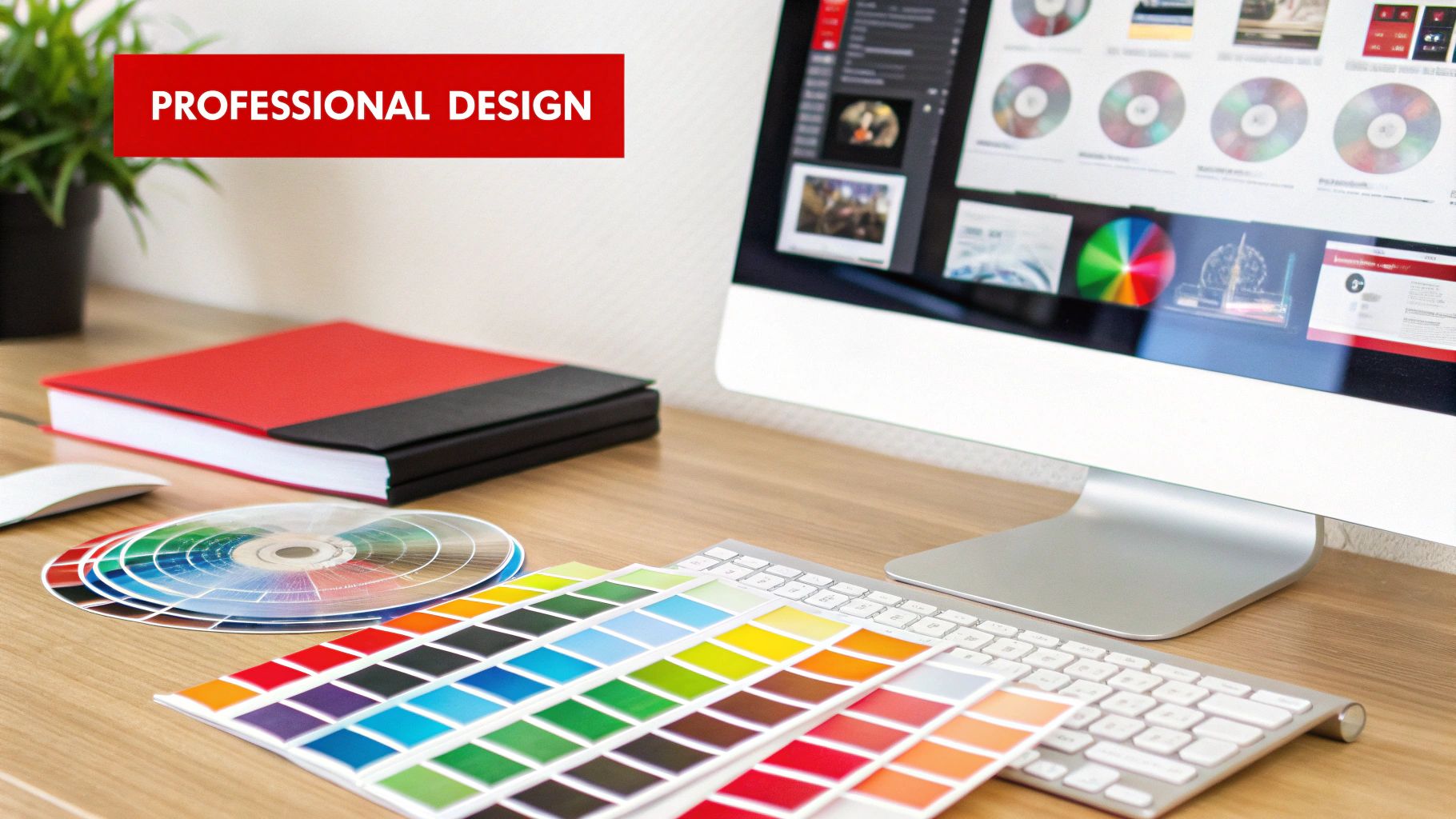 A sleek, modern CD cover design being edited on a laptop screen, with color swatches and font options visible.