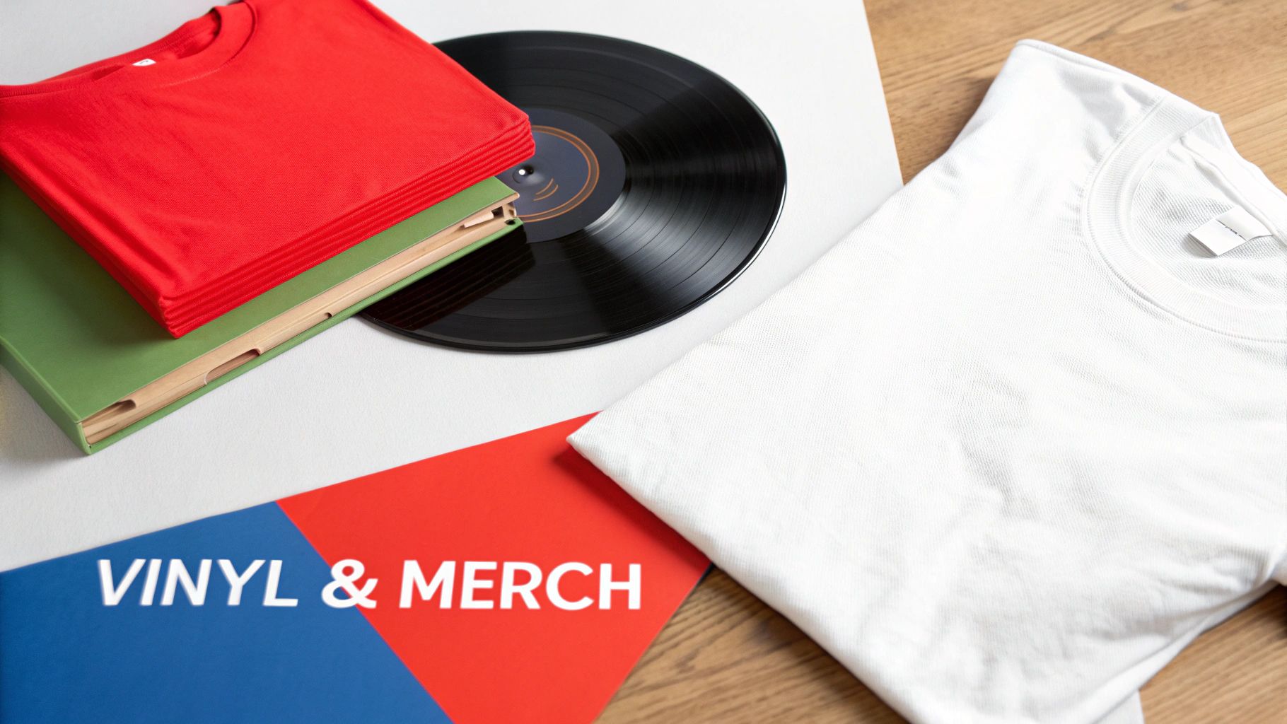Flat lay of red and white t-shirts, a vinyl record, and 'VINYL & MERCH' branding on a table.