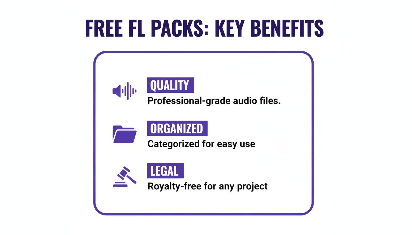 Infographic detailing the key benefits of free FL packs: quality, organization, and legal use.