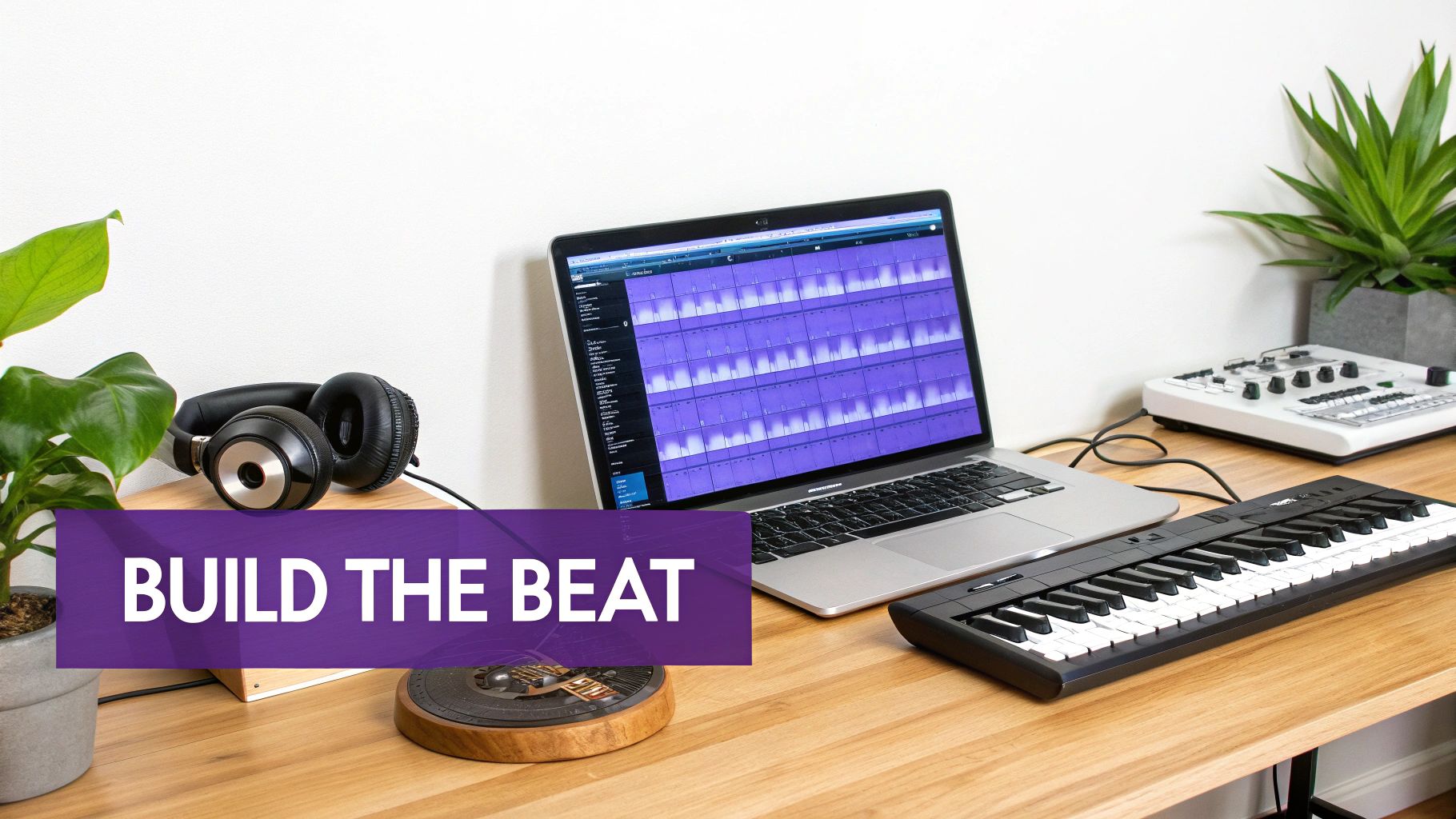 A modern music production setup featuring a laptop displaying a beat sequencer, headphones, and MIDI keyboard.