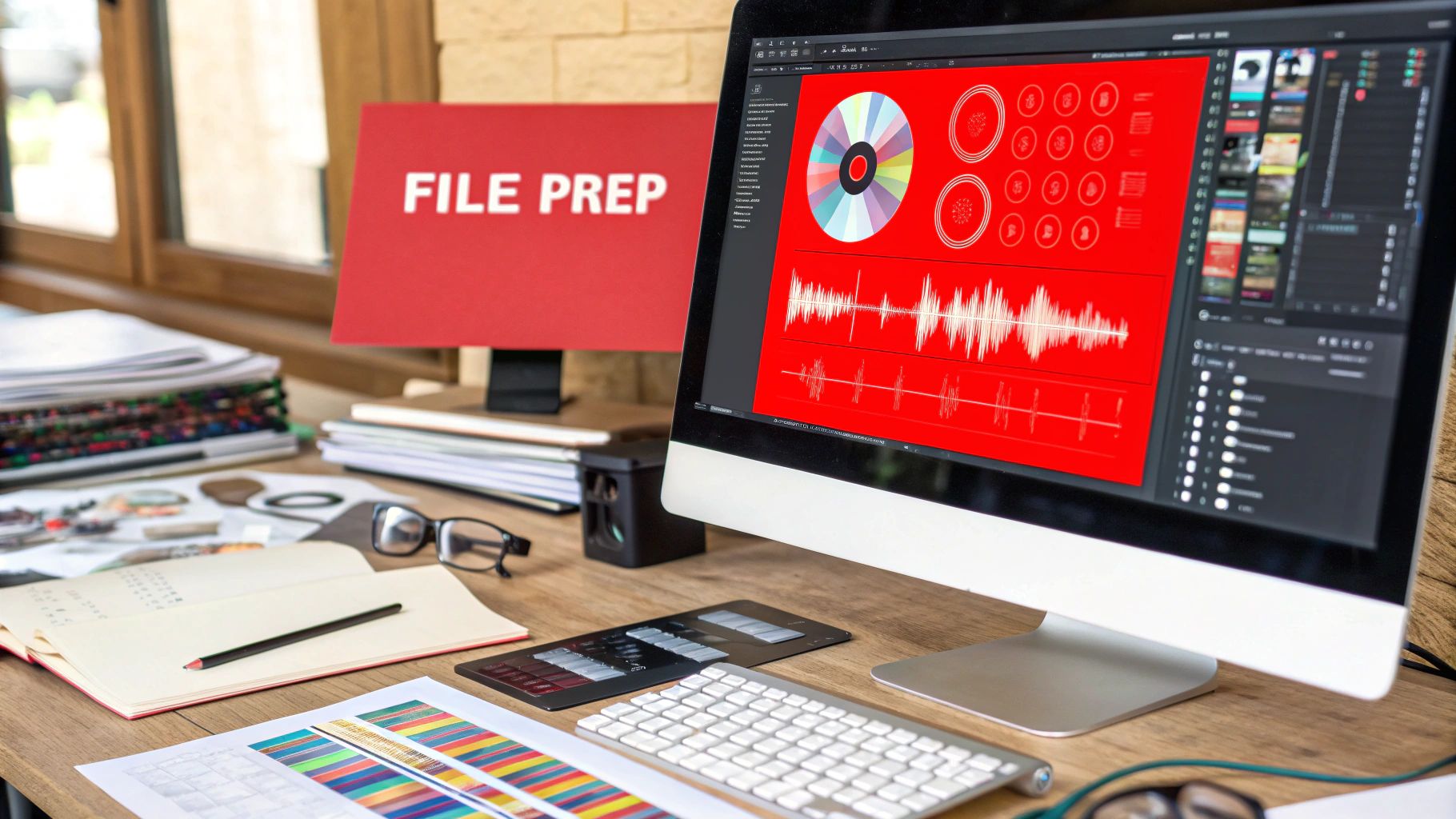 A detailed shot of a CD printing machine in action, with vibrant artwork being applied to the disc surface.