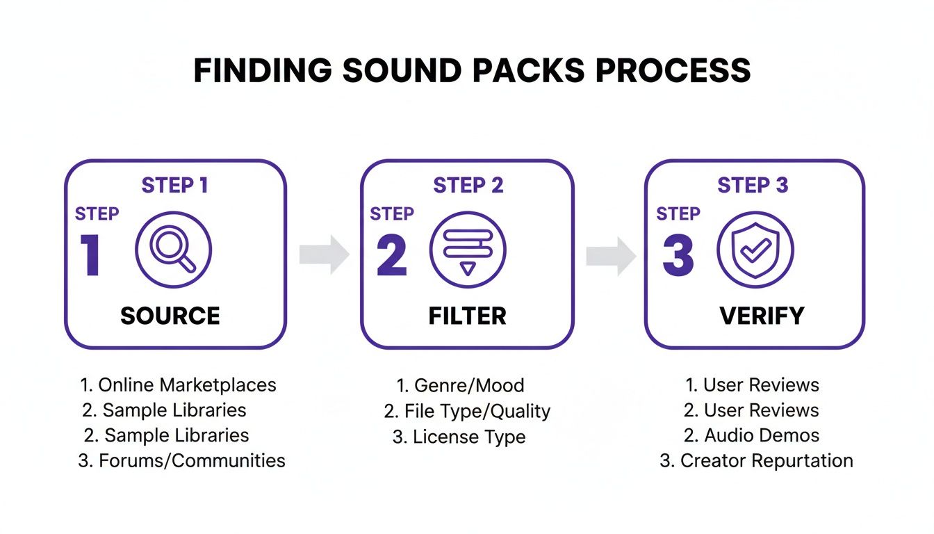 A three-step process for finding sound packs: Source, Filter, and Verify with detailed options.