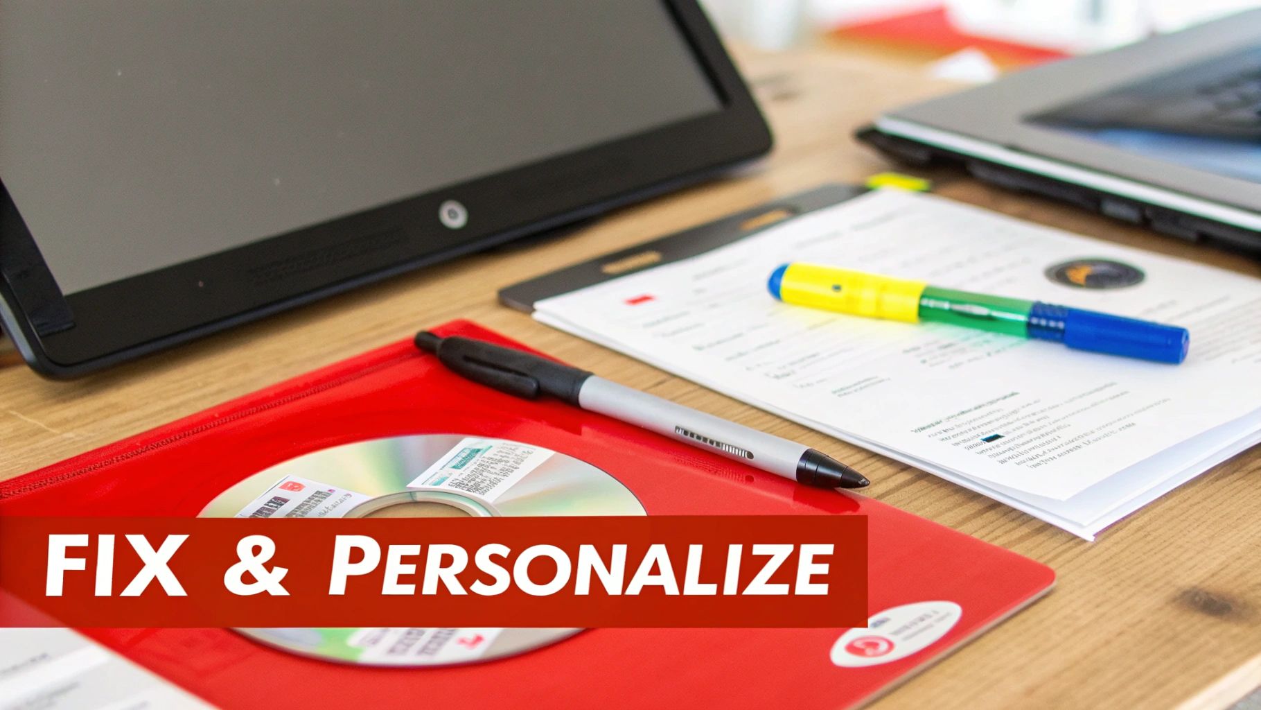 A workspace featuring a tablet, laptop, papers, pens, and a CD on a red folder.