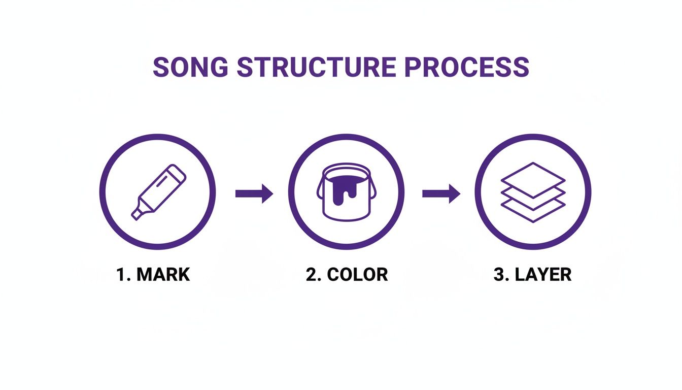 A visual guide illustrating the 'Song Structure Process' in three steps: Mark, Color, and Layer.