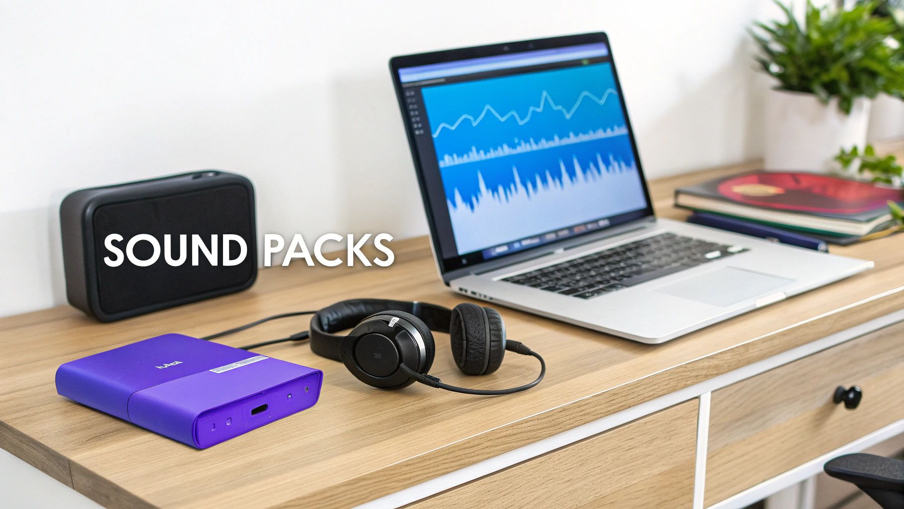 A complete digital audio workstation setup with a laptop, headphones, speaker, and audio interface.