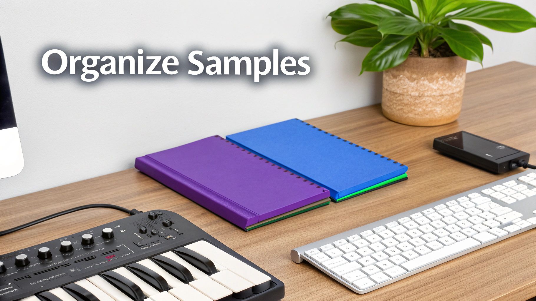 A desk with a midi keyboard, computer keyboard, external drive, and notebooks, overlaid with 'Organize Samples'.