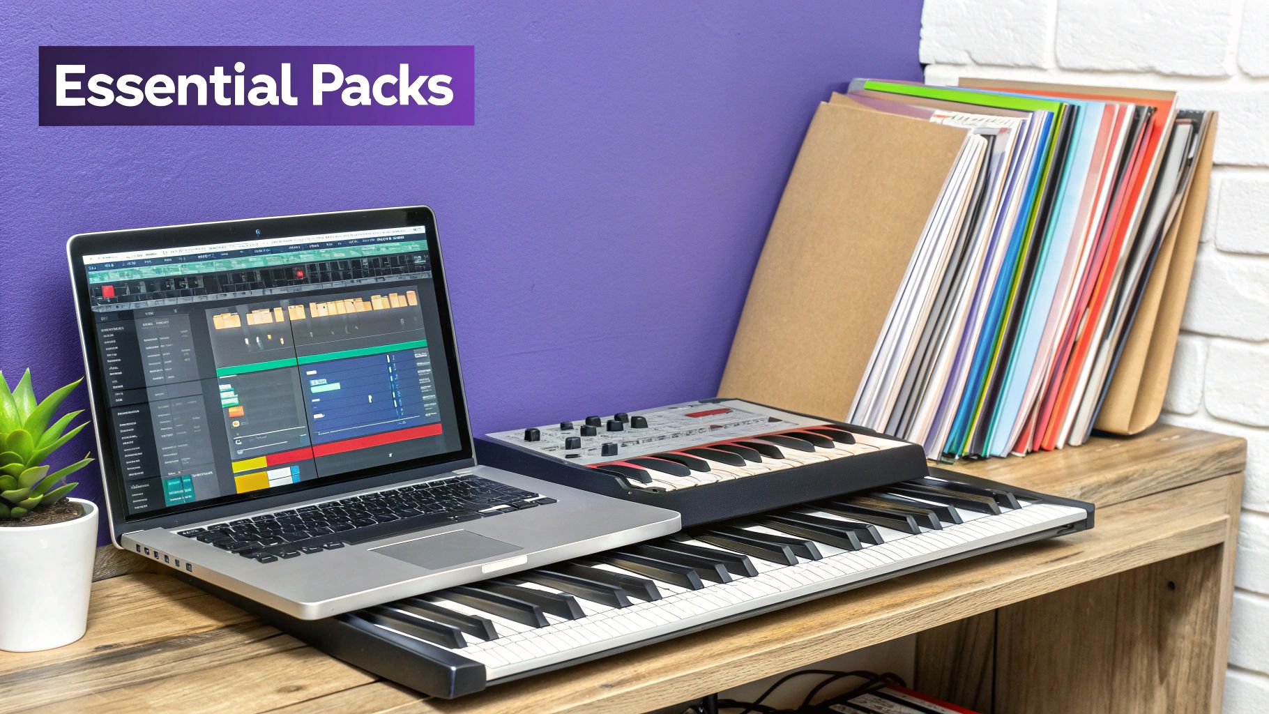 A laptop running music production software with MIDI keyboards on a wooden desk.