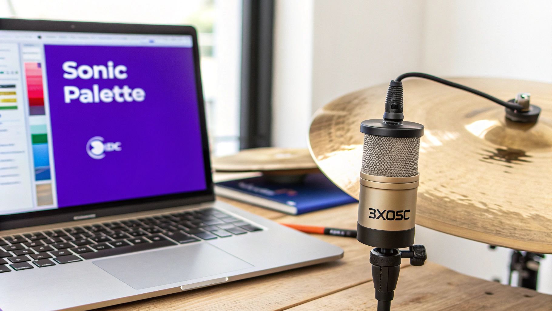 A gold microphone stands near a hi-hat cymbal, with a laptop displaying 'Sonic Palette' in the background.