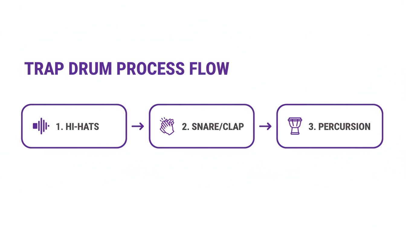 A flowchart titled 'TRAP DRUM PROCESS FLOW' showing three steps: 1. Hi-Hats, 2. Snare/Clap, and 3. Percussion.