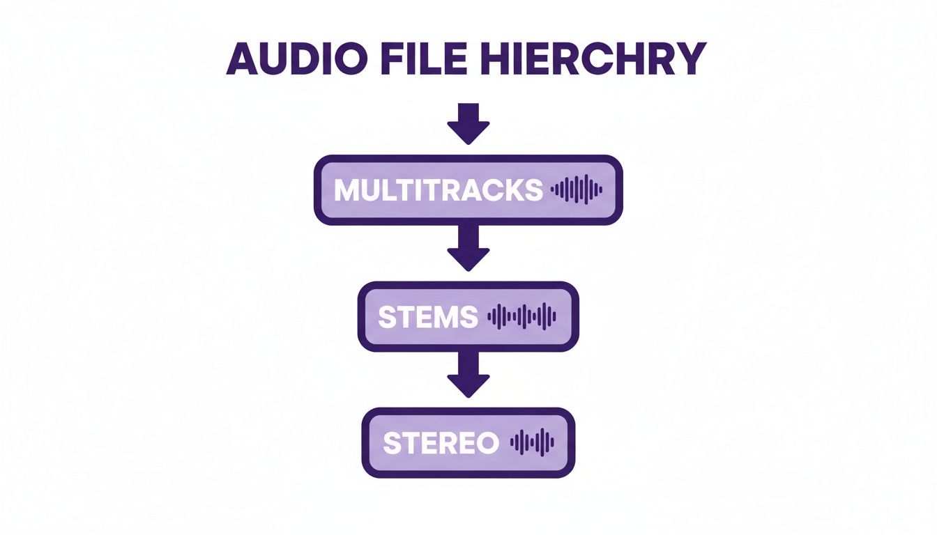 Diagram showing audio file hierarchy: Multitracks flow down to Stems, then to Stereo.