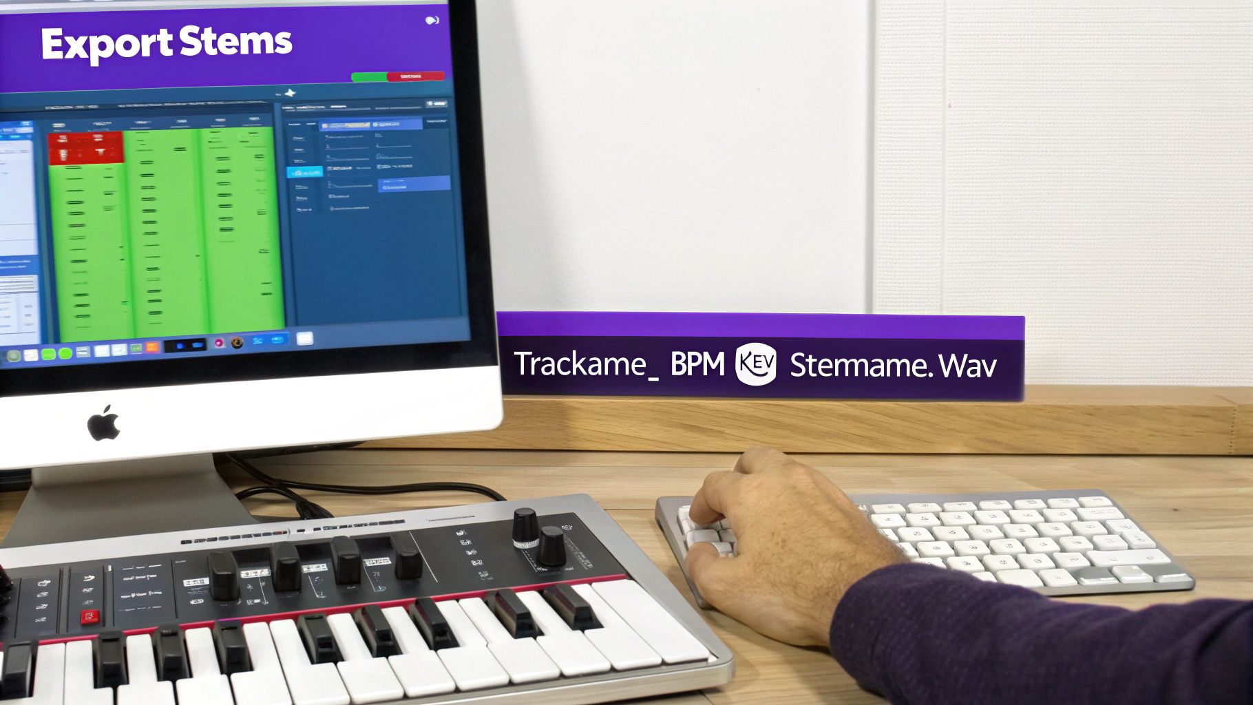 Music producer exporting audio stems on an Apple computer with a MIDI keyboard and mouse.