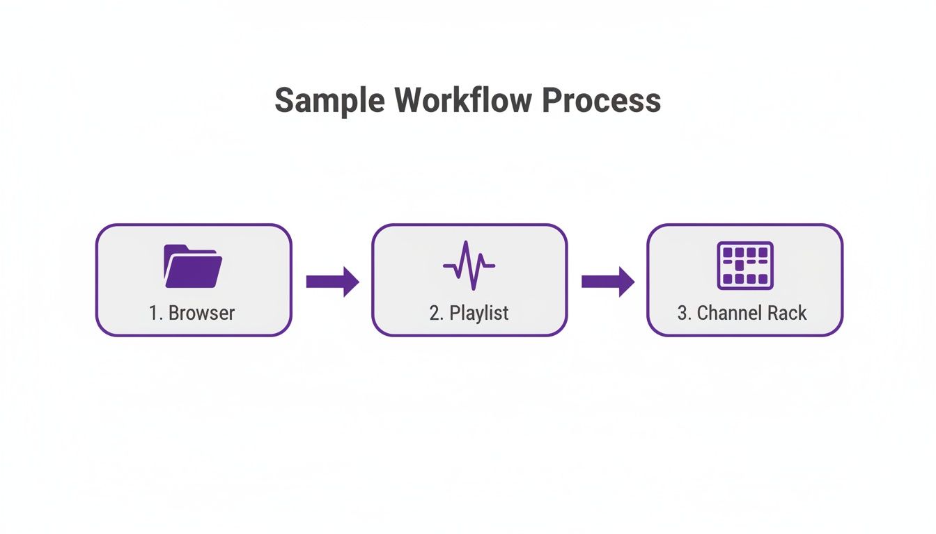 A clear diagram illustrating a three-step workflow process: Browser, Playlist, and Channel Rack, connected by arrows.