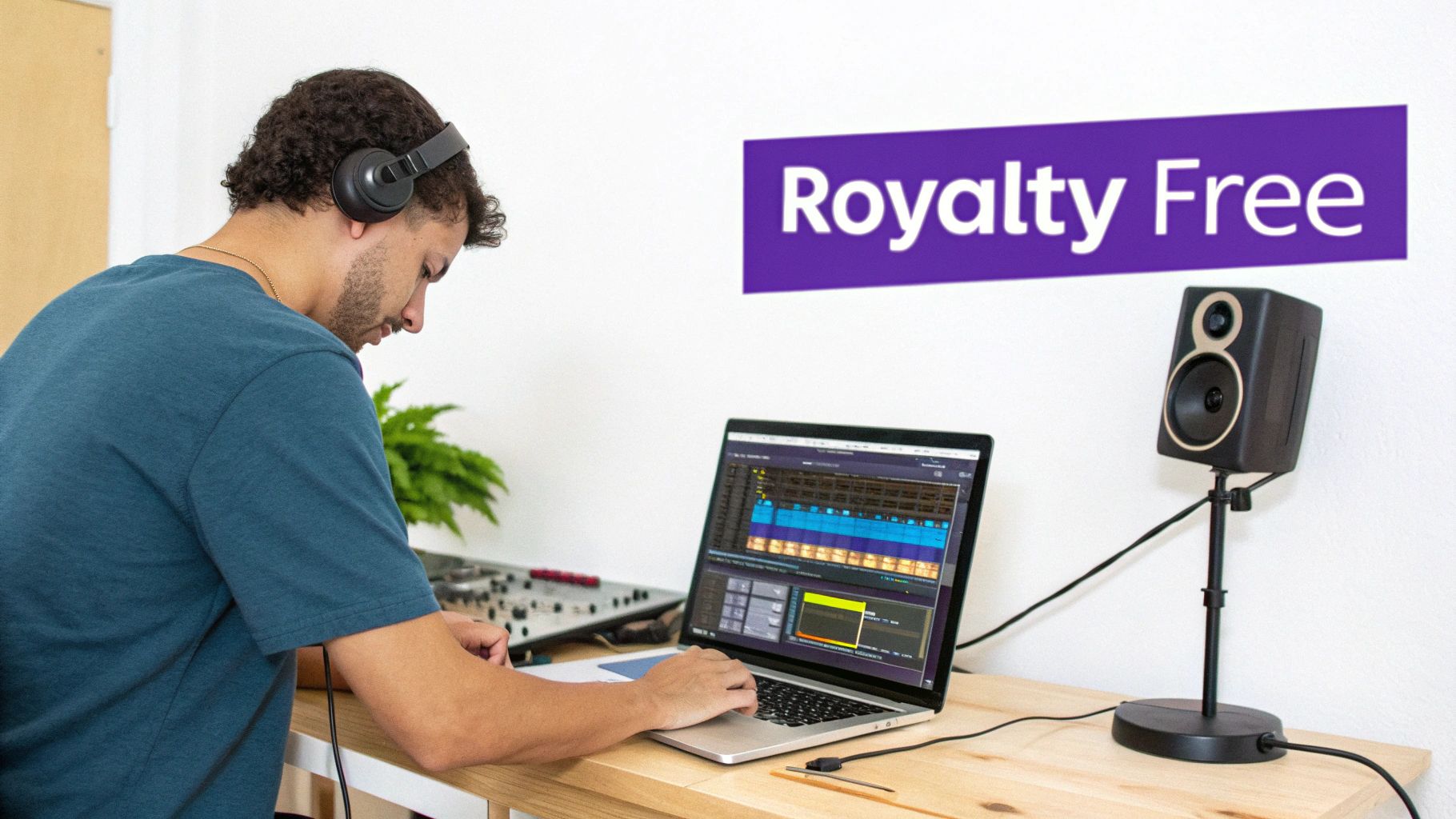 A man wearing headphones works on a laptop with music software, next to a speaker and "Royalty Free" sign.