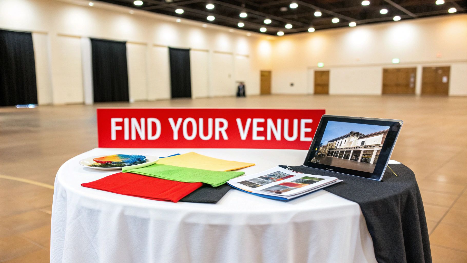Event planning display table with colorful linens, a venue brochure, and tablet in an empty hall.