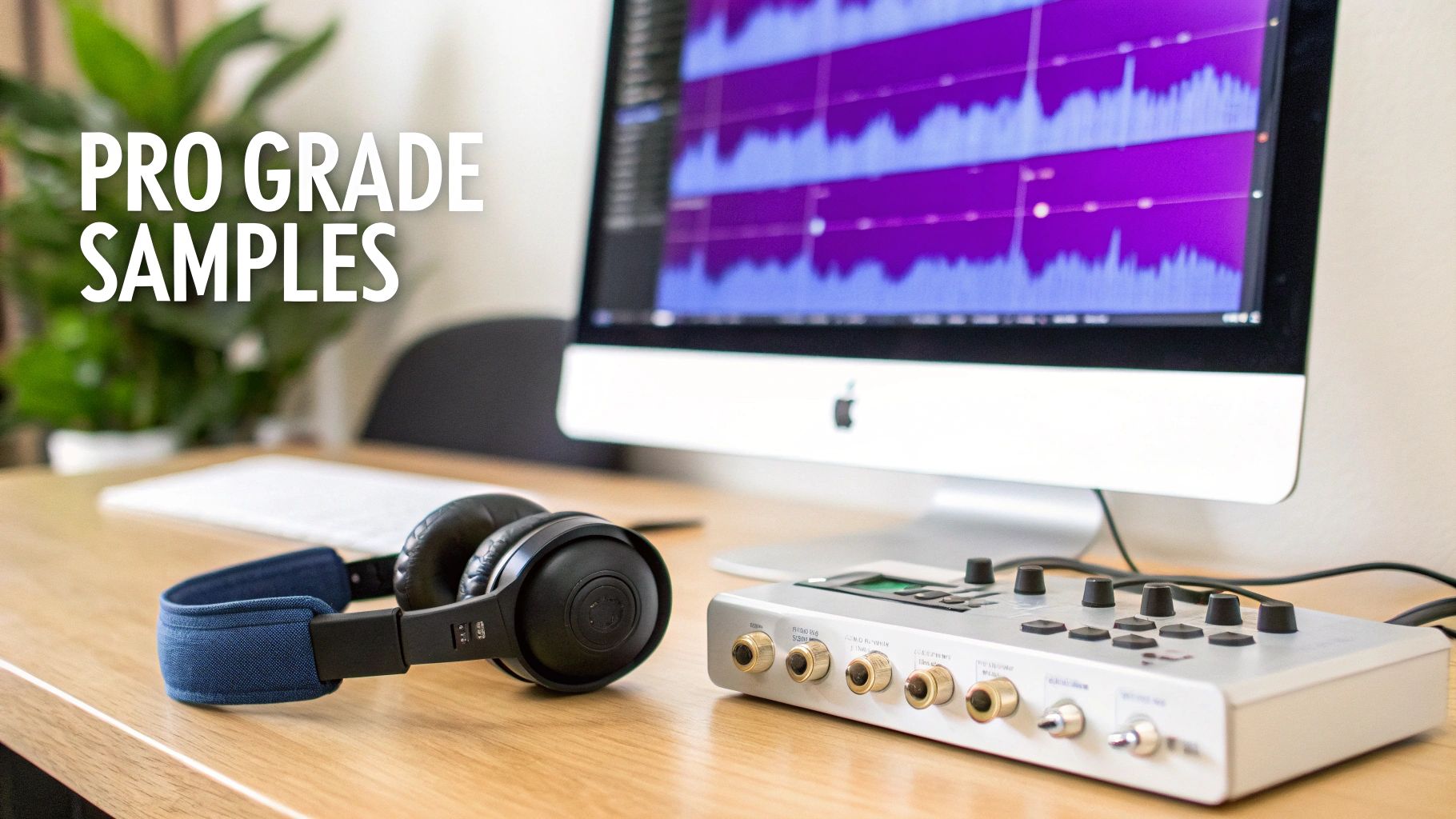 A professional audio setup with headphones, an audio interface, and a monitor displaying sound waveforms, with 'PRO GRADE SAMPLES' text overlay.