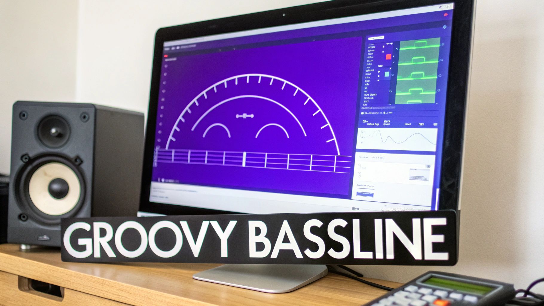 A desk setup with a computer displaying music software, a studio monitor speaker, and a 'GROOVY BASSLINE' sign.