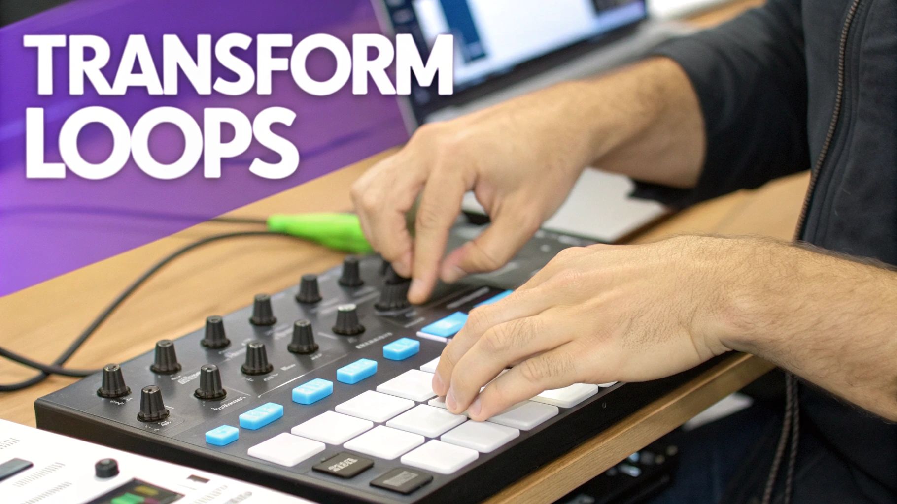 Hands transforming loops on a music production device with white pads and blue buttons.