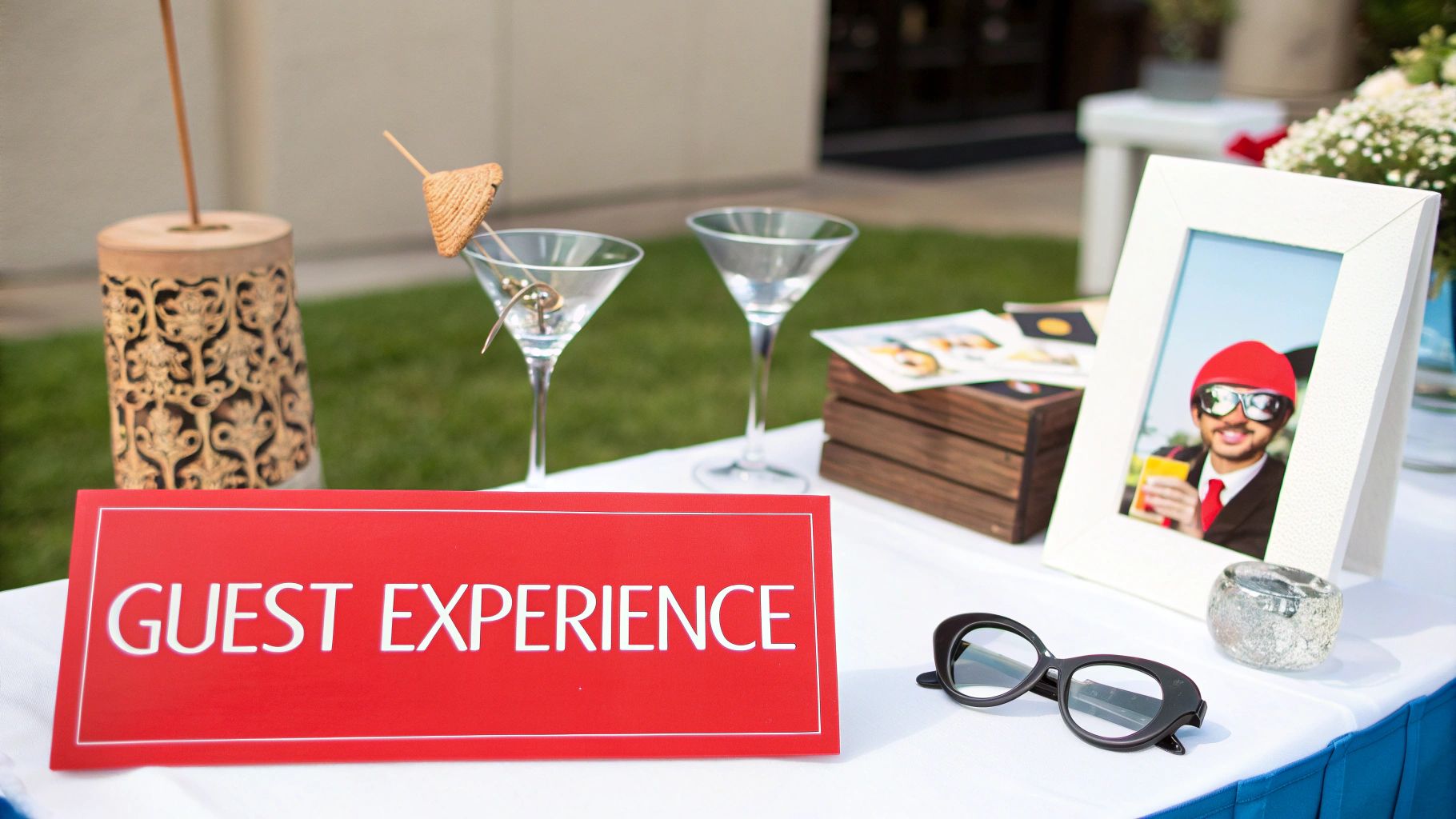 A neatly arranged table display featuring a red 'GUEST EXPERIENCE' sign, martini glasses, and a framed photo.