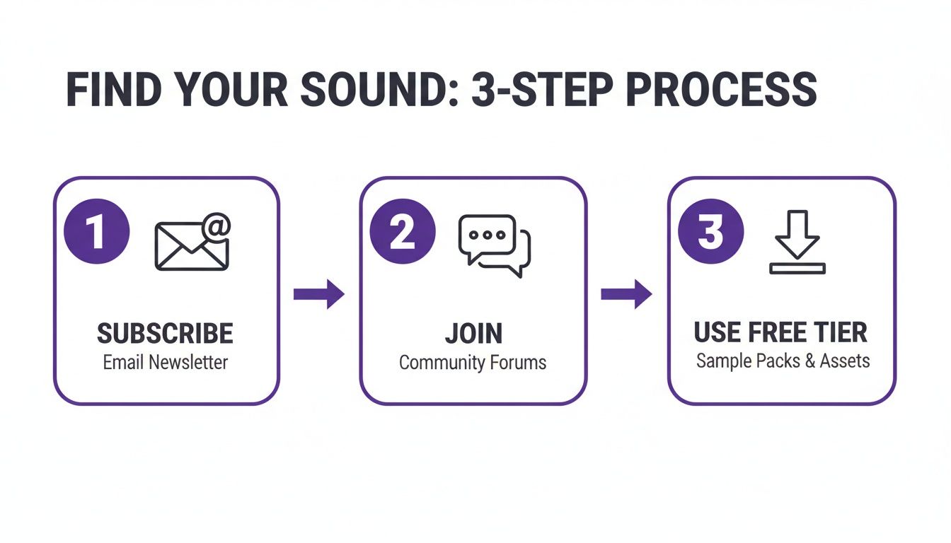 A 3-step process to find your sound: subscribe to newsletter, join community, and use free sample packs.