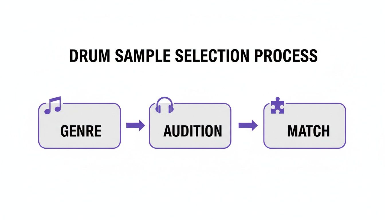 Flowchart showing the drum sample selection process with three steps: Genre, Audition, and Match.