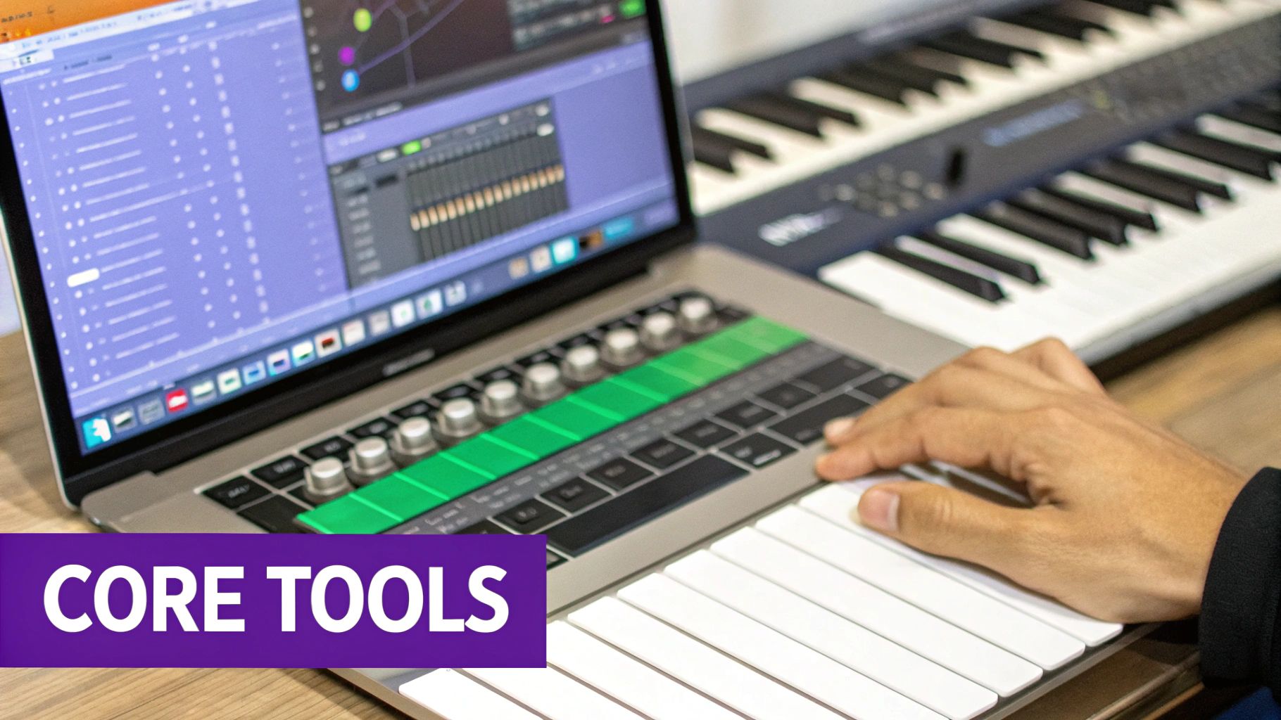 A person's hand using a laptop with music production software and a MIDI keyboard, alongside another keyboard.