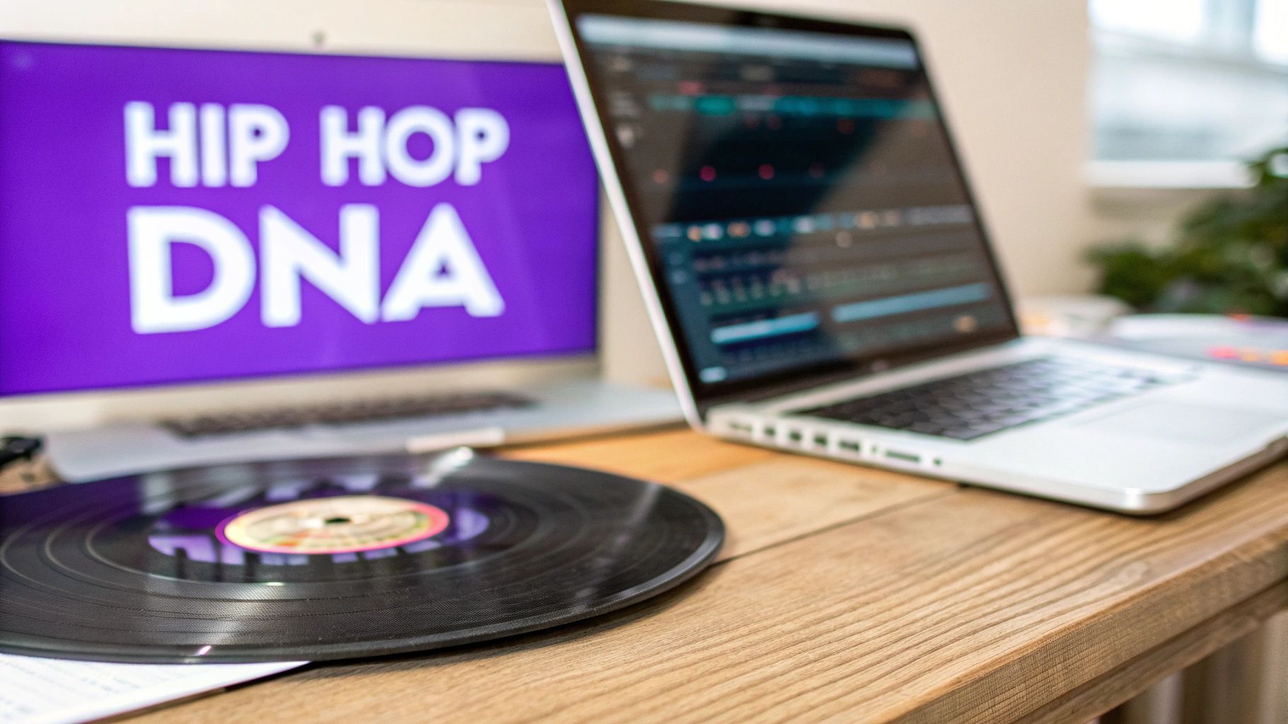 A vinyl record on a wooden desk with two laptops, one displaying 'HIP HOP DNA' and the other music production software.