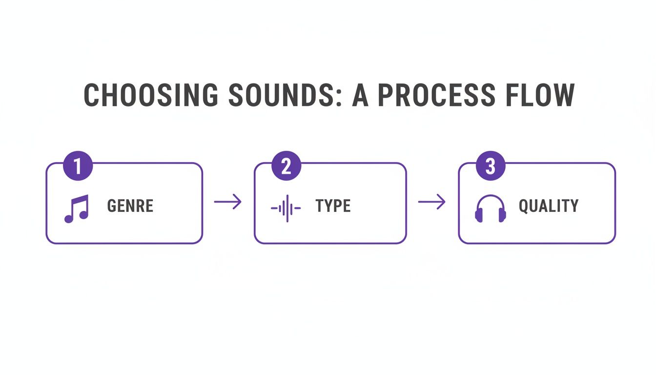 A process flow diagram shows three steps for choosing sounds: Genre, Type, and Quality.