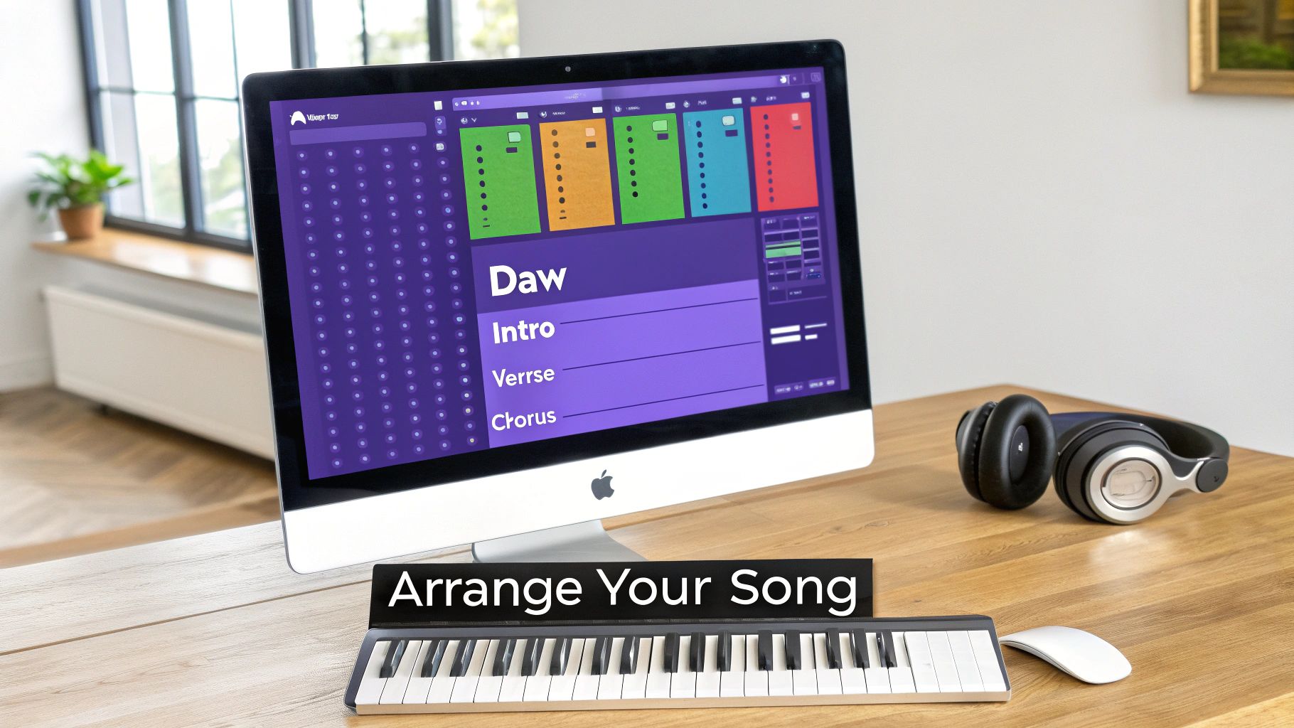 A desktop computer with music arrangement software, a MIDI keyboard, and headphones.